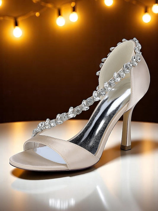 Champagne Satin – Women's with High Heels Crystal T-Strap