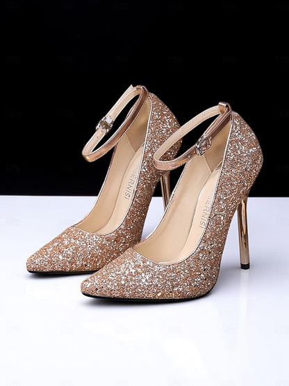 Heels Women's Stiletto – Pointed Sparkly Glitter Gold Toe