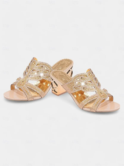 Gold Sandals Green Rhinestone Heeled Embellished - and