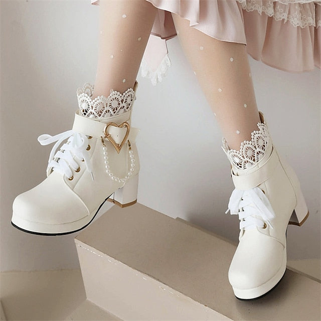 – Bridal Women's Ankle Shoes White Lace-Up Wedding Boots