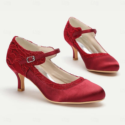 Mid-Heel Lace - Women's Elegant Satin Heels Comfortable Red
