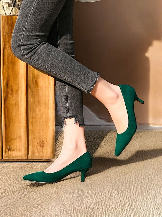 Women's Pumps Kitten Suede with Emerald Green Pointed-Toe