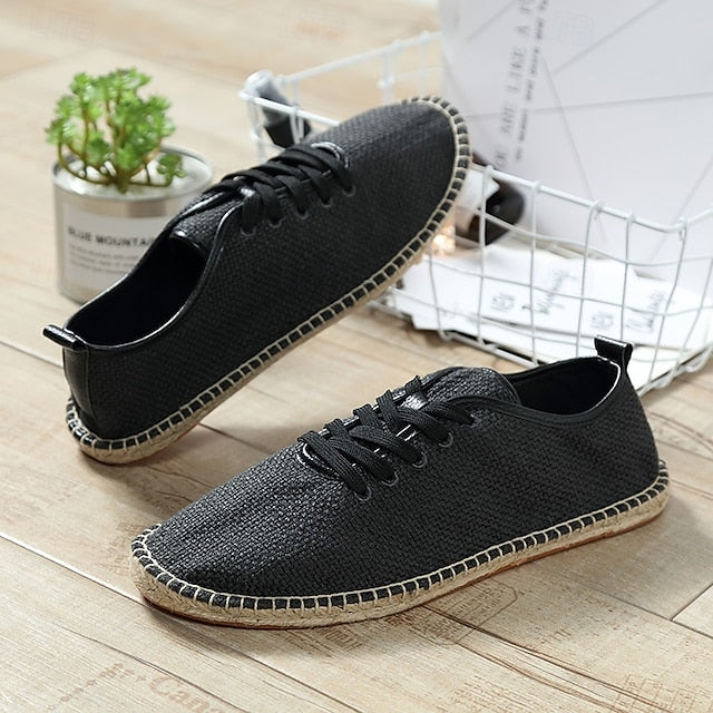 Men's Beige Canvas Lace-Up Espadrille Shoes with Jute Rope