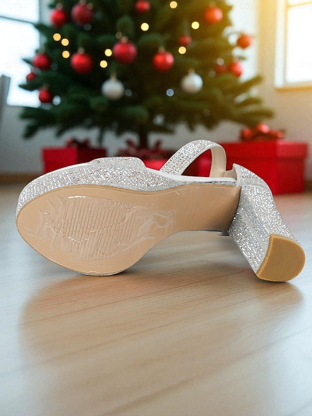 High Sandals Heel Glitter Women's Ankle Silver - Platform