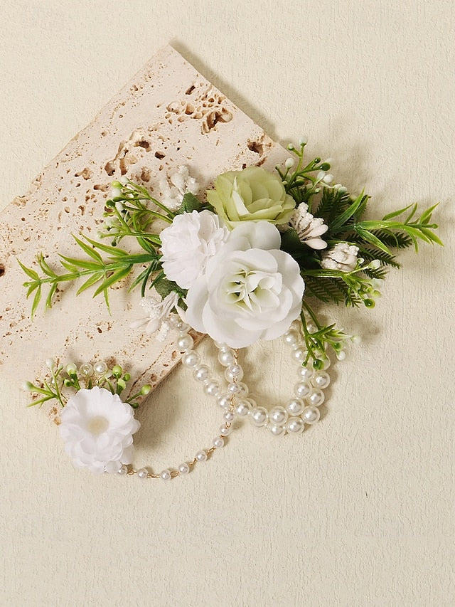 Elegant White – Hand Set Jewelry with Floral Pearls Wrist and