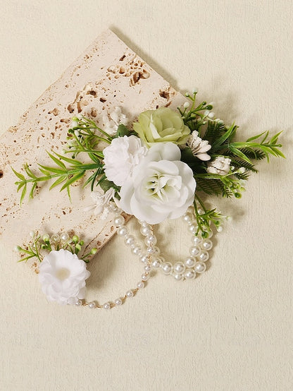 Elegant White – Hand Set Jewelry with Floral Pearls Wrist and