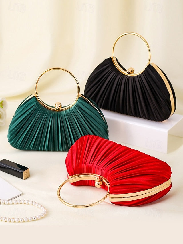Handle Clutch Green Gold Ring Velvet Pleated Elegant with -