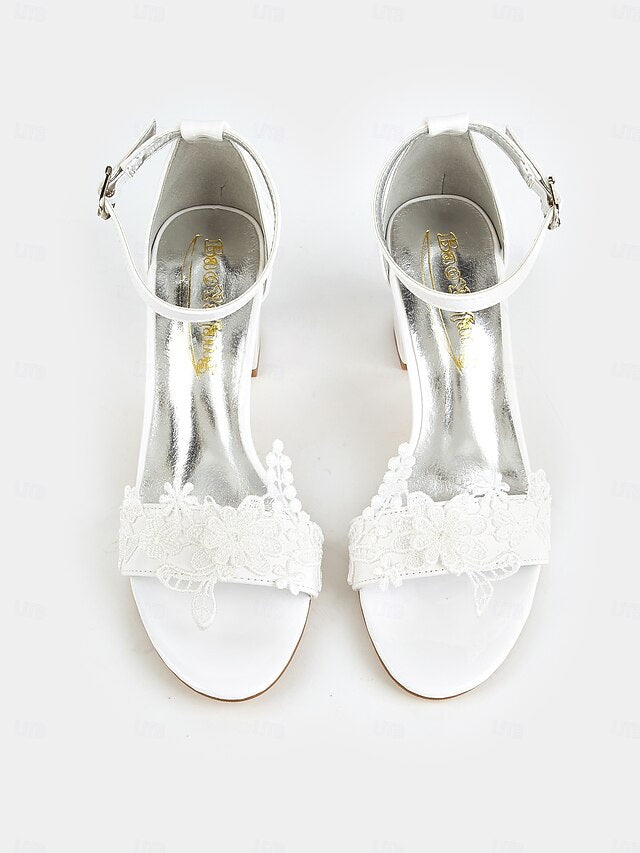 Women Heels Ankle for Open-Toe Strap with - Lace White Bridal
