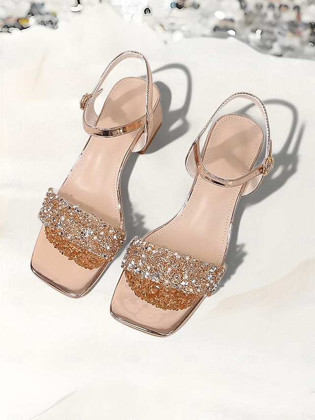 – for Gold Wedding Women Rhinestone Elegant Heel Block Sandals