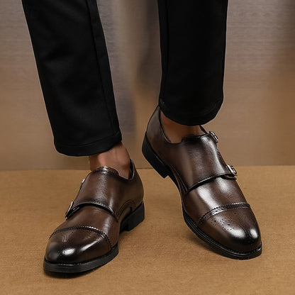 Double with Brown Monk Faux Men's Leather Strap Shoes
