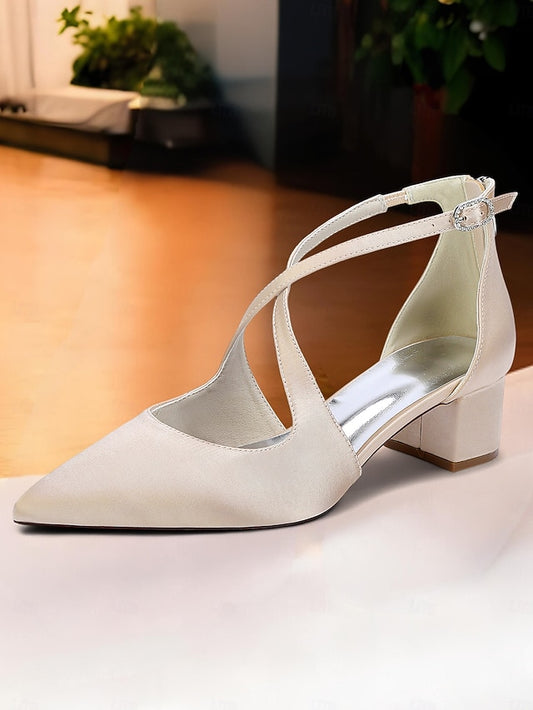 Toe Pointed Block Elegant - Satin Women's Heels Ivory