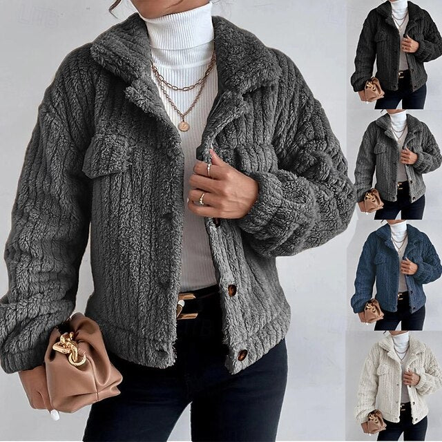 Casual Warm Teddy Plain Coat Women's Buttons Comfortable