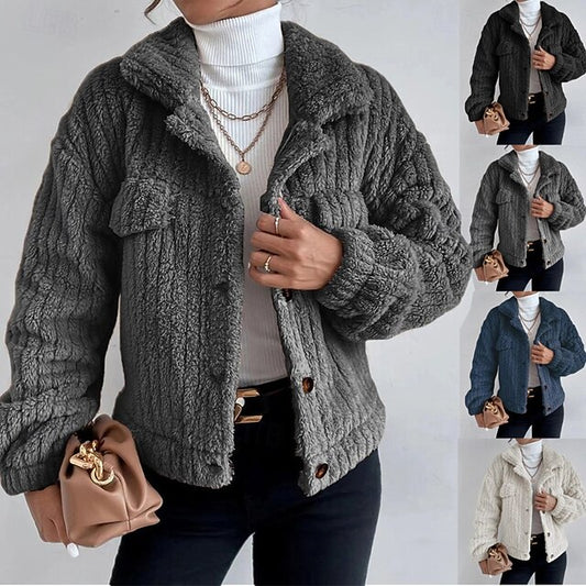 Casual Warm Teddy Plain Coat Women's Buttons Comfortable