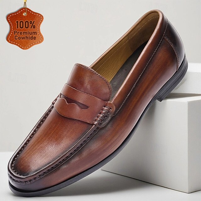 Men's Shoes Loafers Leather with Slip-On Penny Brown