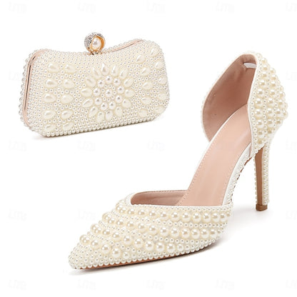 White and Bag Women's Heels Stiletto Clutch – Pearl Set