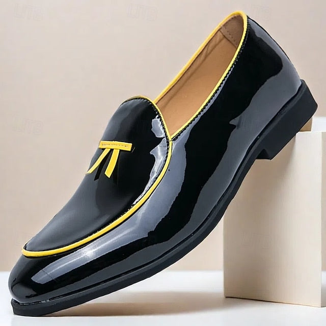 Men's Trim Yellow Faux Black Loafers Patent with Leather