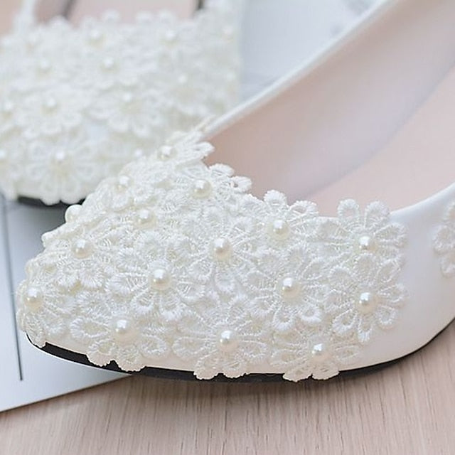 Lace Decorated Heels Women's Wedding – White Floral Pearl