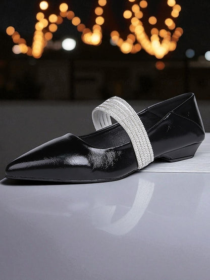 Black Elegant Pointed Women's Toe Flats Patent Leather -