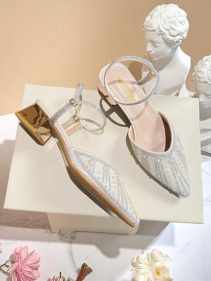 with and Women's Pointed Block Ivory Pearl Toe Heels