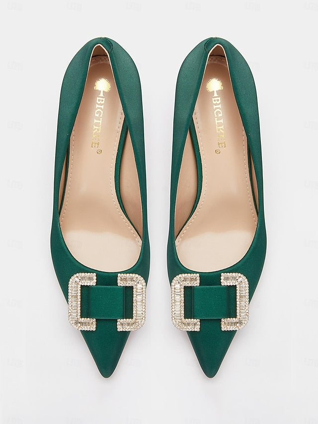 Elegant Green Rhinestone Pumps with Buckle Satin for Women: