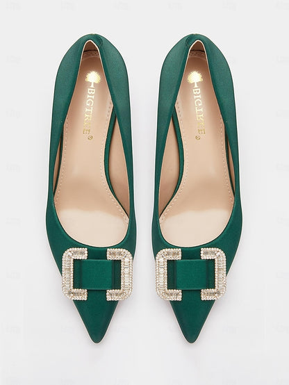 Elegant Green Rhinestone Pumps with Buckle Satin for Women: