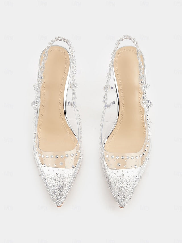 Pointed Heels Clear Rhinestone Toe Slingback with Women's