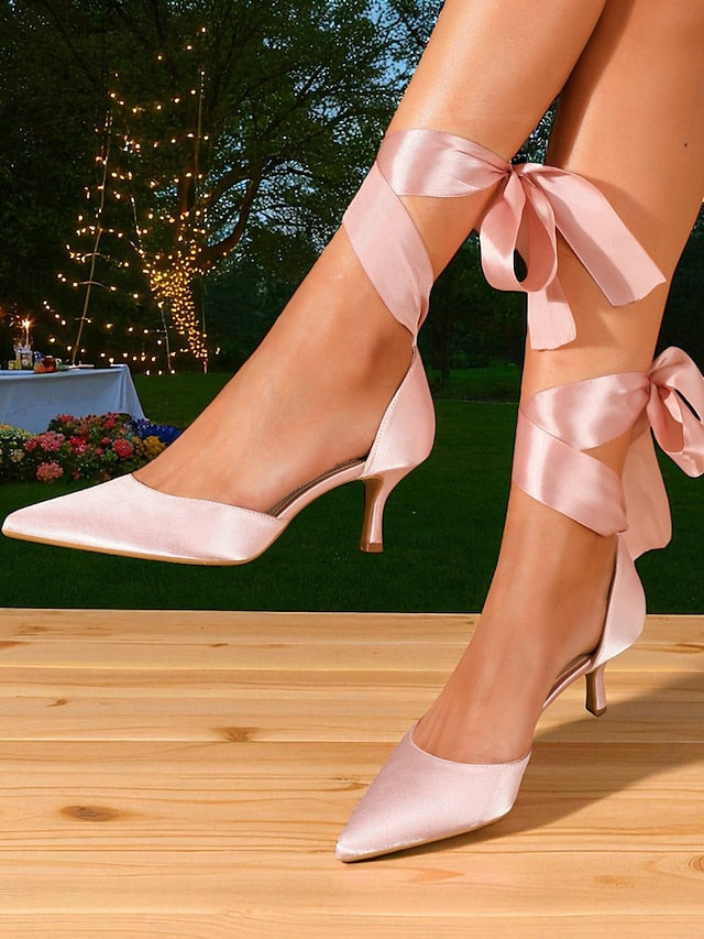 Heel Kitten Ribbon with Women's Pointed-Toe Shoes Satin