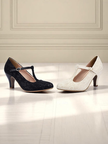 Ivory Heel Women's Pumps-1920s T-Strap Lace Vintage Mid