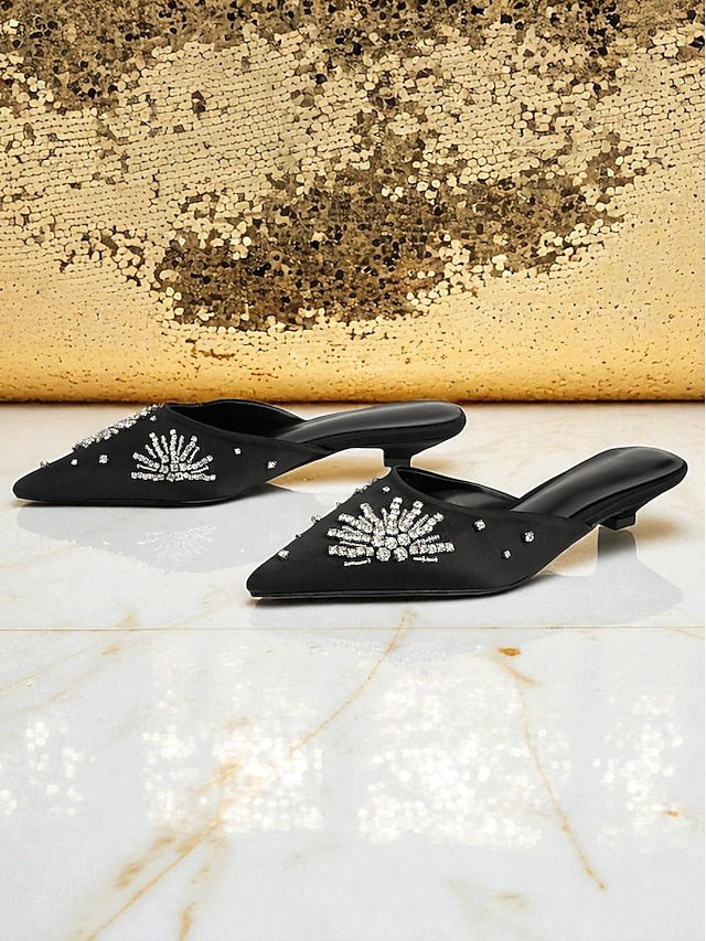 with Satin Women's Toe Rhinestone Mules Black Pointed
