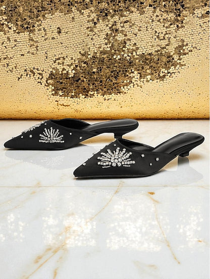 with Satin Women's Toe Rhinestone Mules Black Pointed