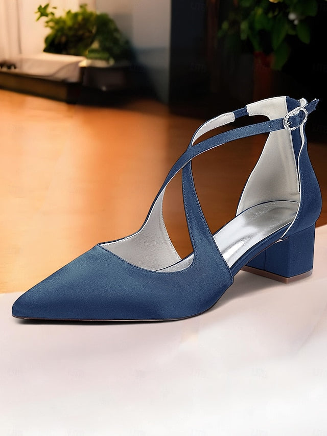 Toe Pointed Block Elegant - Satin Women's Heels Ivory