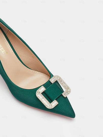 Elegant Green Rhinestone Pumps with Buckle Satin for Women: