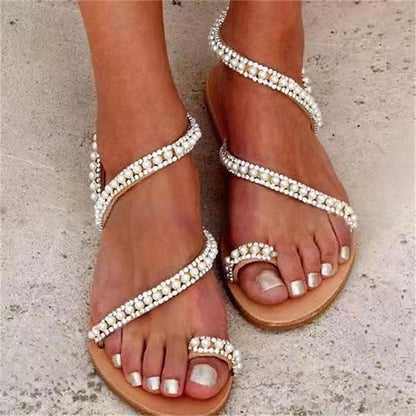 Women's Elegant – Sandals Strappy Flat Pearl-Embellished