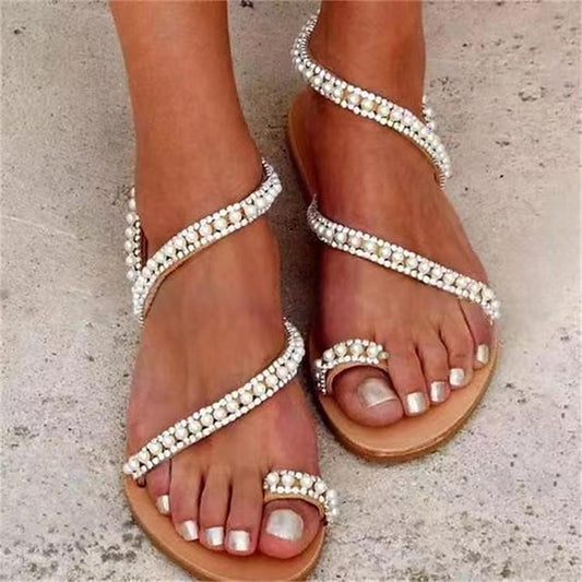 Women's Elegant – Sandals Strappy Flat Pearl-Embellished