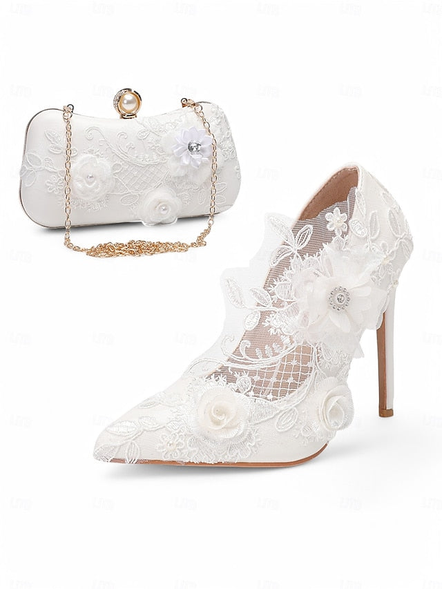White Wedding Shoes Floral with Embellishments Lace