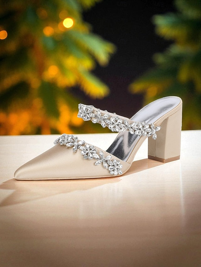 Women's Floral Satin Black Rhinestone Heel Mules Block with