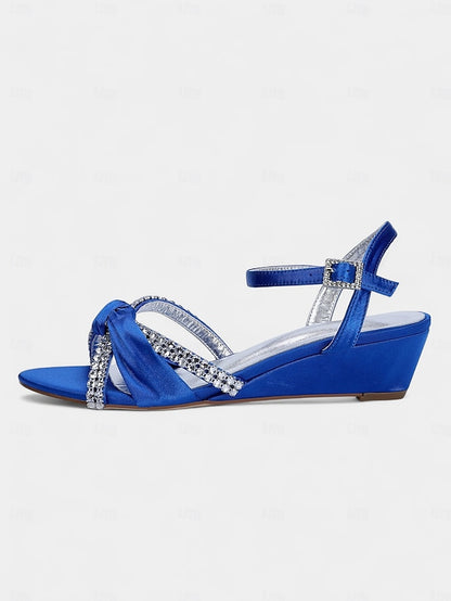 Satin Rhinestone Green - Women's Knot Wedge Sandals