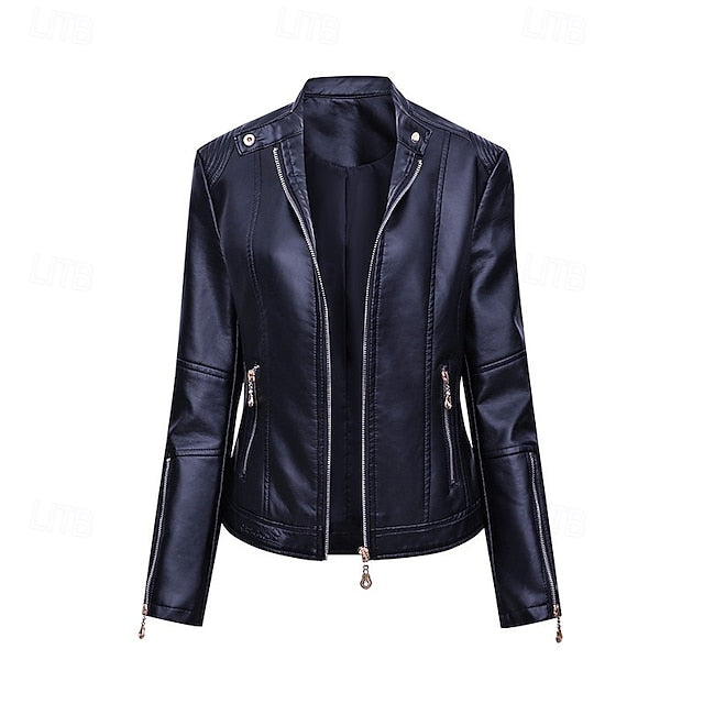 Comfortable Women's Zipper Leather Pocket Jacket Faux