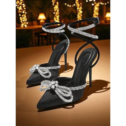 and Satin Bow Women's Black Heels with Rhinestone Stiletto