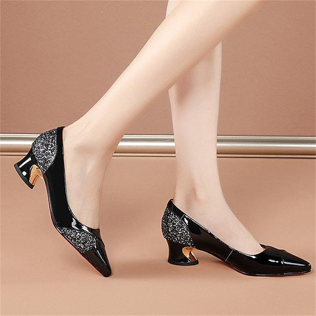 Faux Heels Glitter-Accented Women's Leather Block Patent