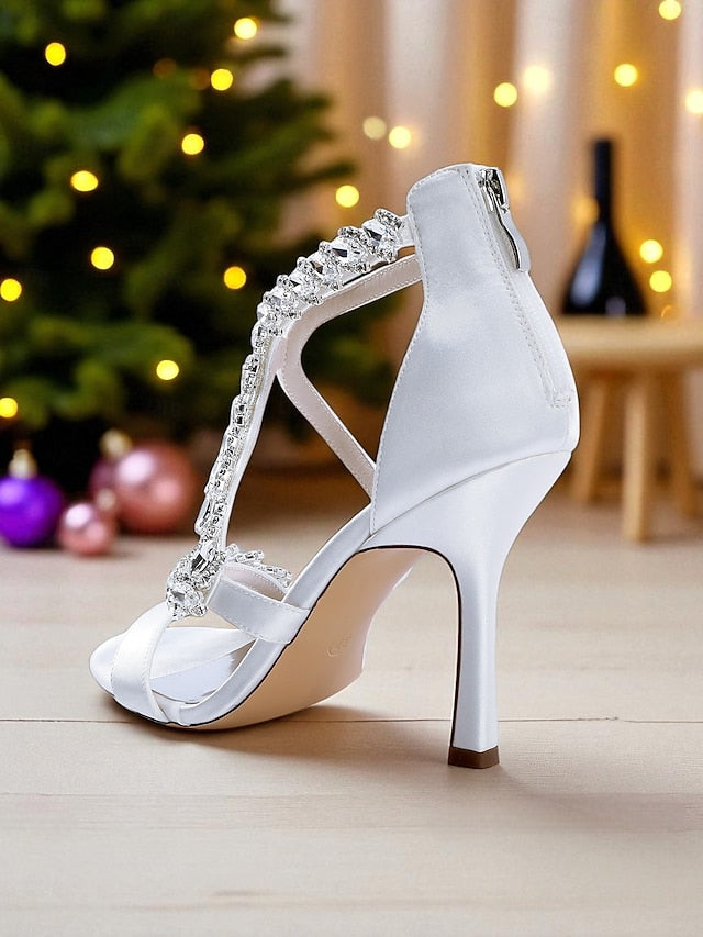 Strappy High White - Heel Rhinestone Women's Sandals