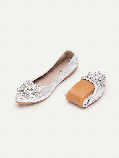 Foldable Silver Rhinestone Flats with Women's