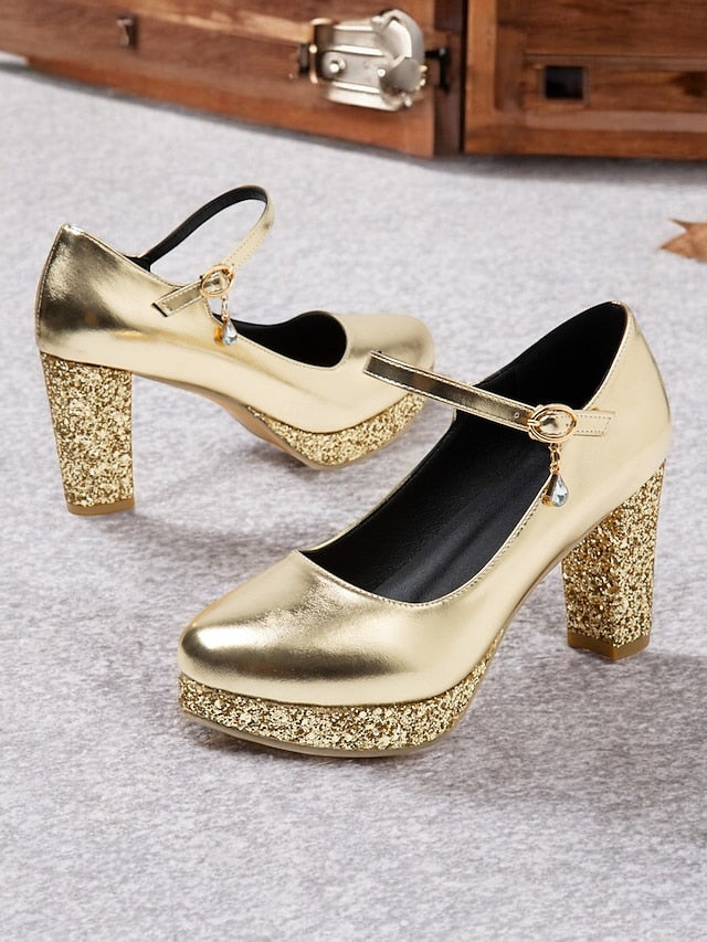 – Women's Block Heel Jane Glitter Mary Sparkly Gold Pumps