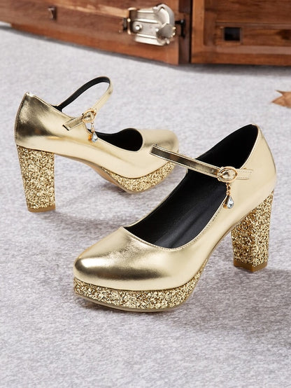 – Women's Block Heel Jane Glitter Mary Sparkly Gold Pumps