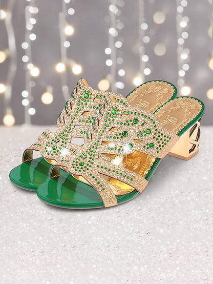 Gold Sandals Green Rhinestone Heeled Embellished - and