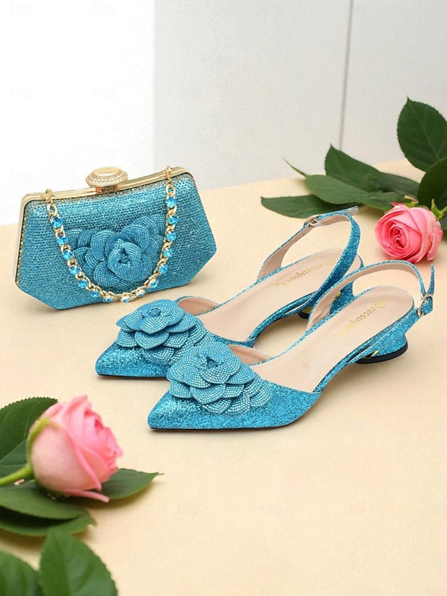 Heels Slingback and Women's Glitter Clutch Evening Matching
