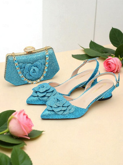 Heels Slingback and Women's Glitter Clutch Evening Matching