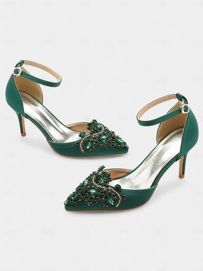 Ankle Satin Pointed – Heels Women's Emerald Green Strap