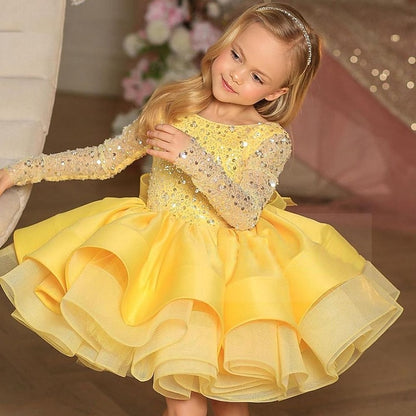 Girls' Fall Sleeve Spring Sequin Dress Summer Long 3D