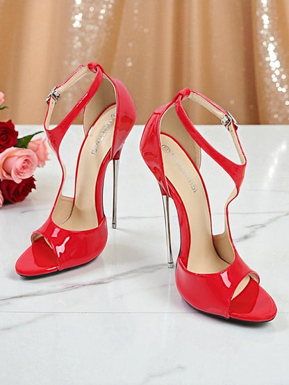 Open - Patent Red Strappy Leather Heels Women's Stiletto